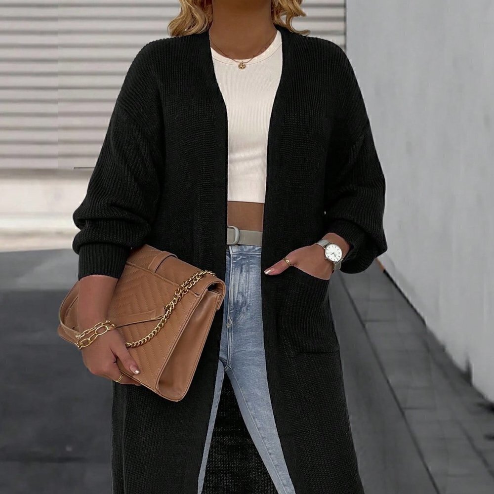 Black Preppy Womens Solid Color Drop Shoulder Cardigan With Double Po…